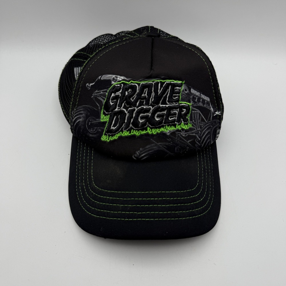 Grave Digger Monster Jam Trucker‎ Hat Black Green Skull Adjustable Skull OS
